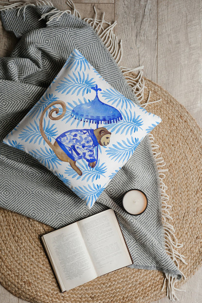 Borneo II Outdoor Pillows Chinoiserie Monkey Palm Blue