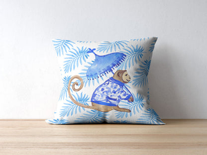 Borneo II Outdoor Pillows Chinoiserie Monkey Palm Blue