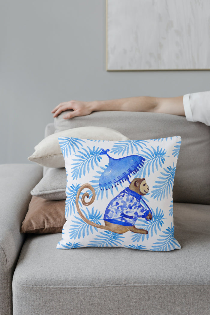 Borneo II Outdoor Pillows Chinoiserie Monkey Palm Blue