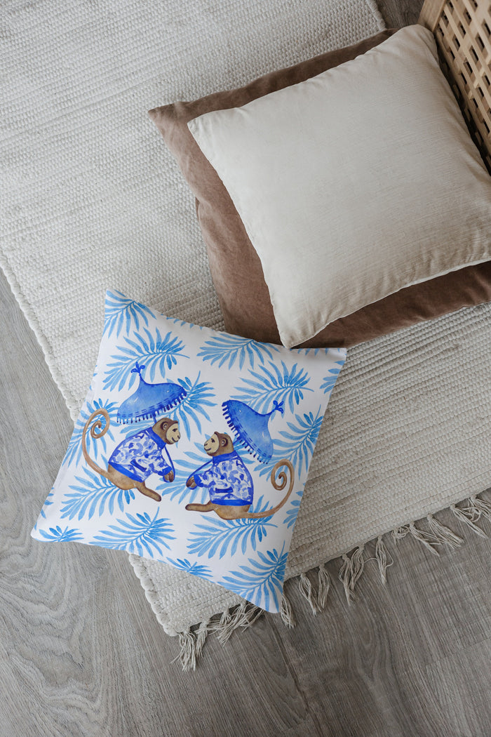 Borneo Outdoor Pillows Chinoiserie Monkey Palm Blue