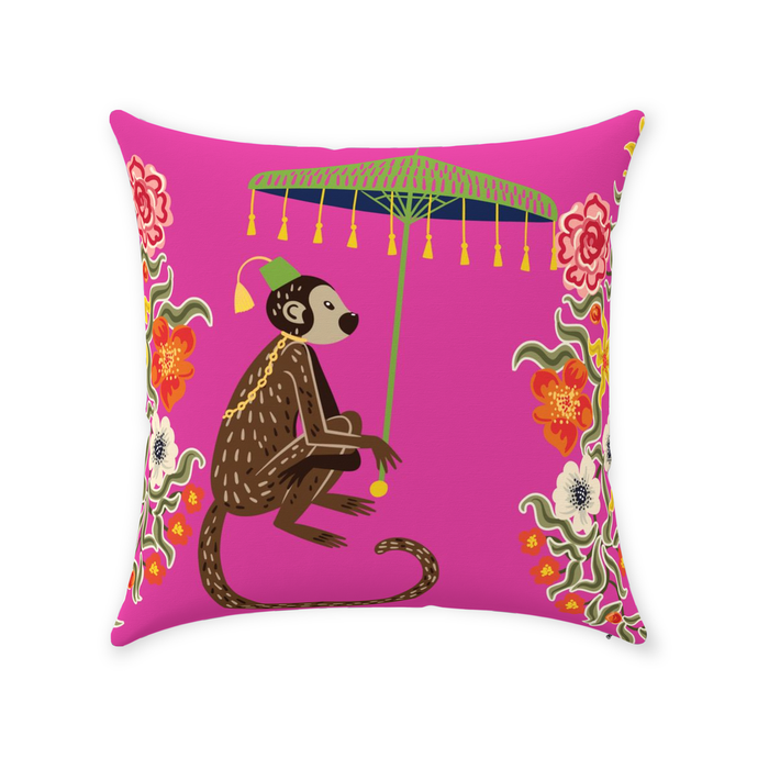 Chinoiserie Monkey Cotton Pillows Kuta Hot Pink