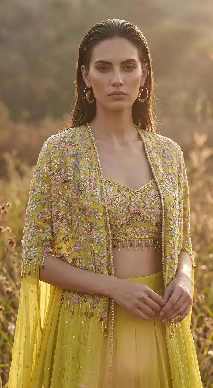 Citrine Muse Phulkari Cape Set