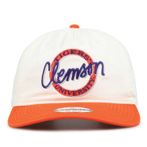 Clemson Original Circle snapback hat with embroidered school design, front view