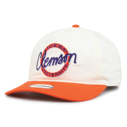Clemson Original Circle snapback hat showing embroidered front design and brim, angled view