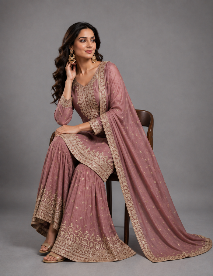 A woman seated on a wooden chair wearing a dusty rose pink traditional Indian salwar kameez suit with beige-gold embroidery and a matching dupatta, photographed against a neutral gray studio background.