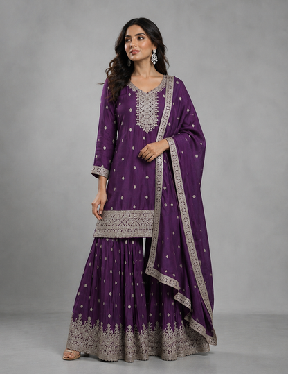 A woman models a purple ethnic three-piece suit with silver embroidery, featuring a kurta, flared sharara pants, and a matching dupatta, set against a plain gray studio background.