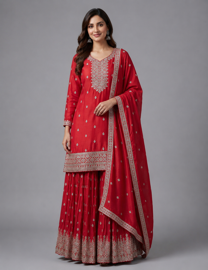 Crimson red embroidered suit set with matching palazzo pants and dupatta, featuring intricate traditional detailing for festive occasions.