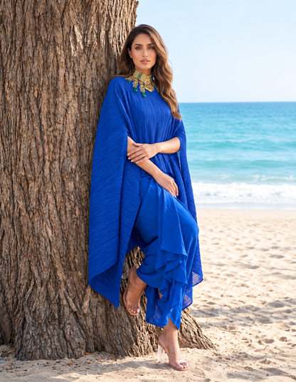 Crushed Blue Silk Cape & Skirt Set