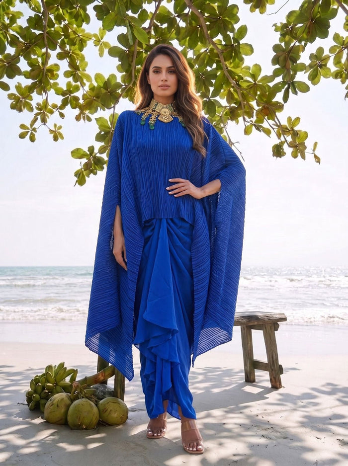 Crushed Blue Silk Cape & Skirt Set