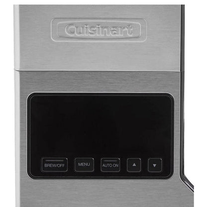 Close-up of Cuisinart brewer control panel with Brew/Off, Menu, Auto On, and up/down arrow buttons.