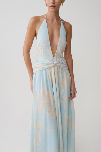 Cyra Plunge Chiffon Midi Dress - Blue Floral Print