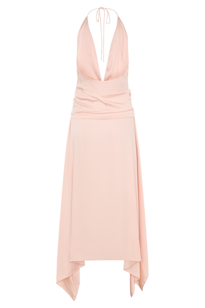 Cyra Plunge Satin Midi Dress - Peach