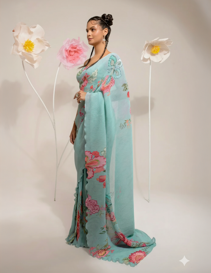 Pre-draped emerald green saree for women