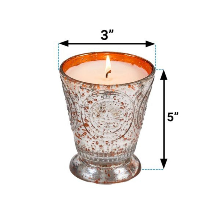 Fleur de Lys Tangerine Tumbler Hand-Poured Soy Scented Candle in a textured, silver-toned glass cup with a warm tangerine copper rim, shown with dimension arrows and labels indicating a width of 3 inches and a height of 5 inches on a white background.
