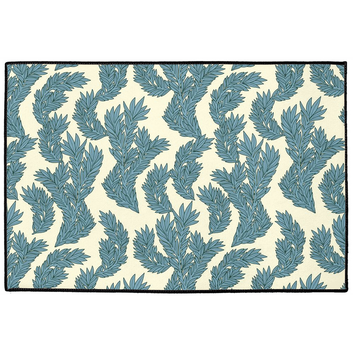 Floral Indoor/Outdoor Floor Mat William Morris Cream Blue Leaf