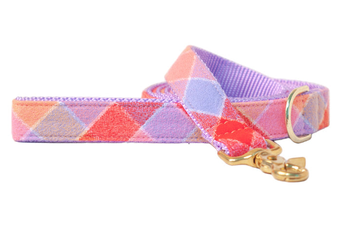 Colorful dog leash made from plush flannel fabric, showcasing a bold plaid print in warm and cool tones. A metal hook and loop detail provides secure fastening, and the leash is edged in coordinating stitching.