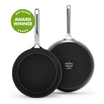 Set of two ceramic nonstick frypans, 9.5-inch and 11-inch, with Balance Pro Base; Best Selling badge visible.