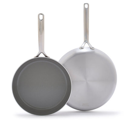 Two stainless steel frypans with mirror handles, one 10-inch and one 12-inch, displayed as a set.