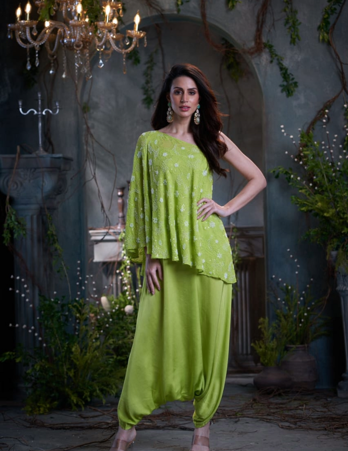 Green georgette silk beaded one shoulder top with jumper Arab Crab