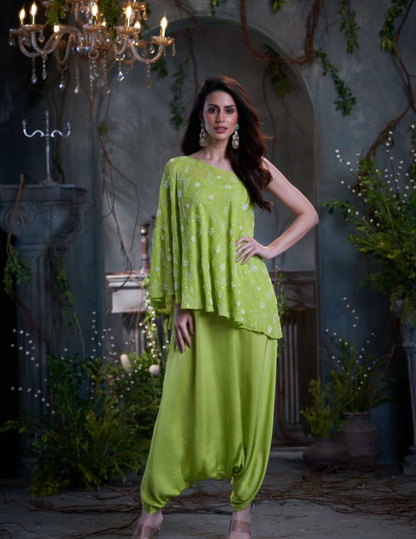 Green georgette silk beaded one shoulder top with jumper Arab Crab