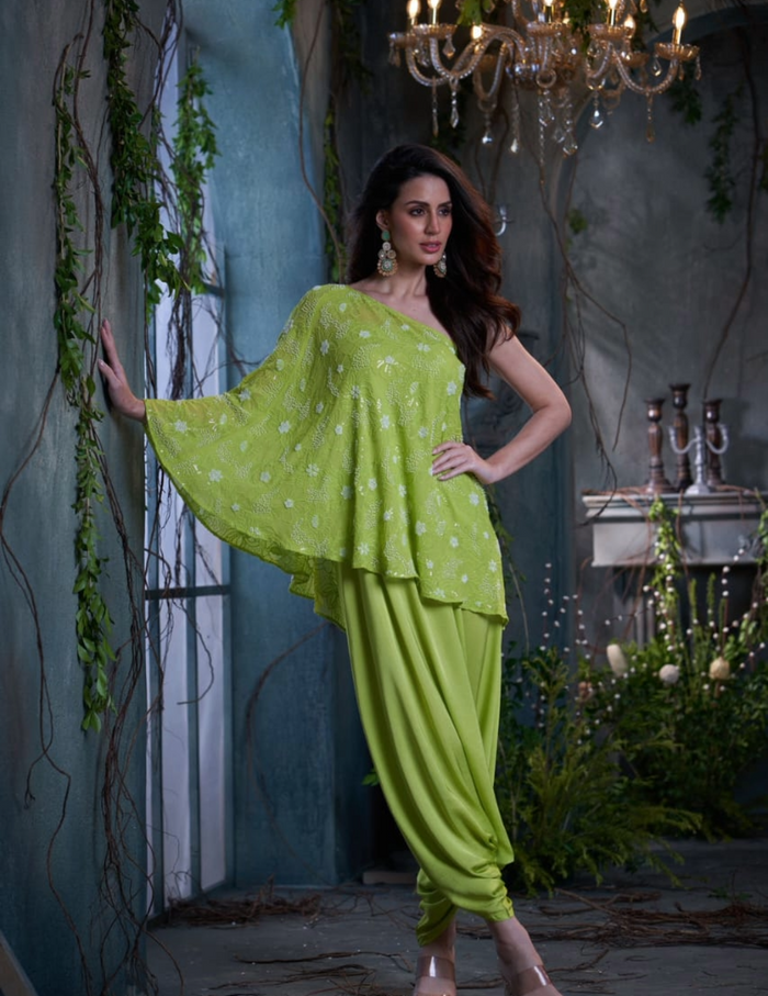 Green georgette silk beaded one shoulder top with jumper Arab Crab