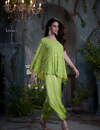 Green georgette silk beaded one shoulder top with jumper Arab Crab