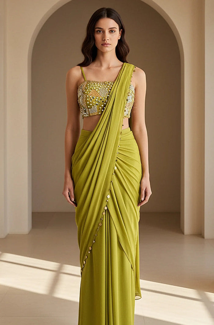 Green Chinon Draped Saree