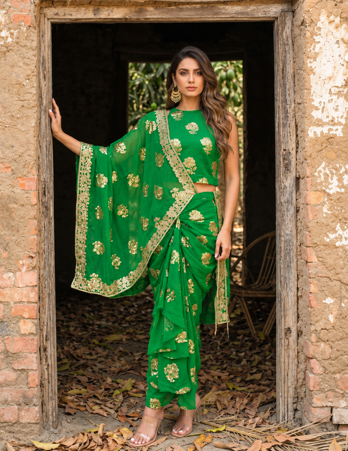 Green Pre-Draped Saree Skirt Set