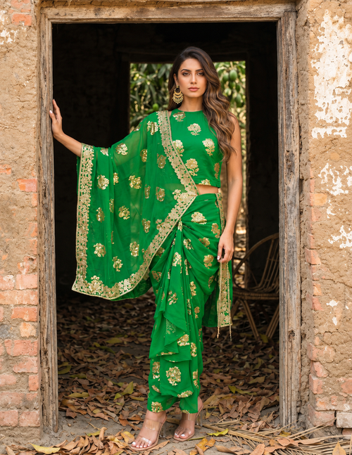 Green Pre-Draped Saree Skirt Set