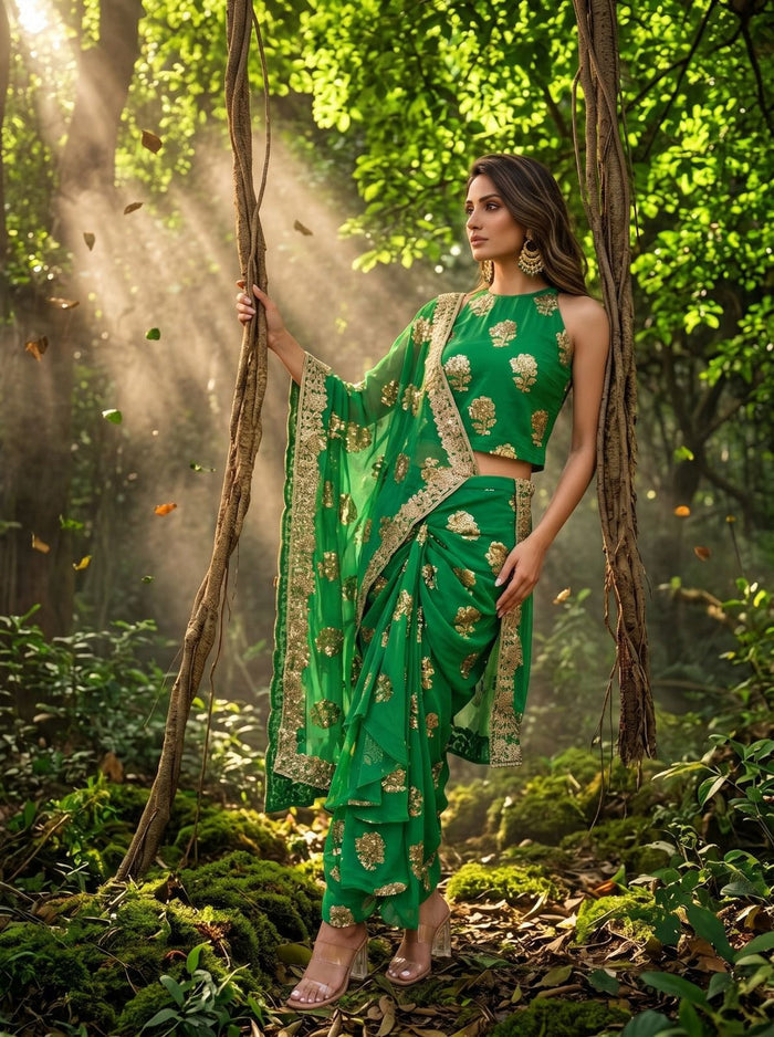 Green Pre-Draped Saree Skirt Set