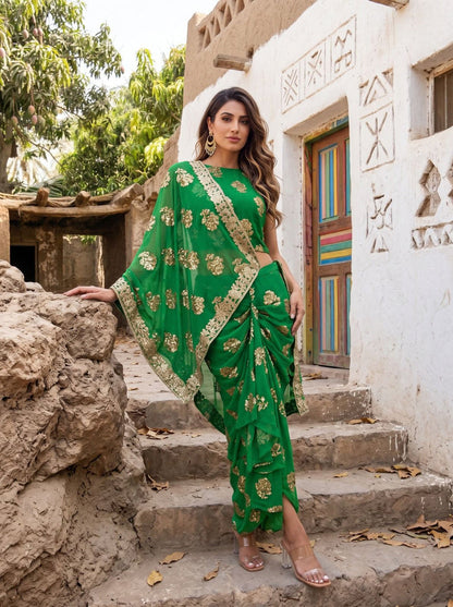 Green Pre-Draped Saree Skirt Set