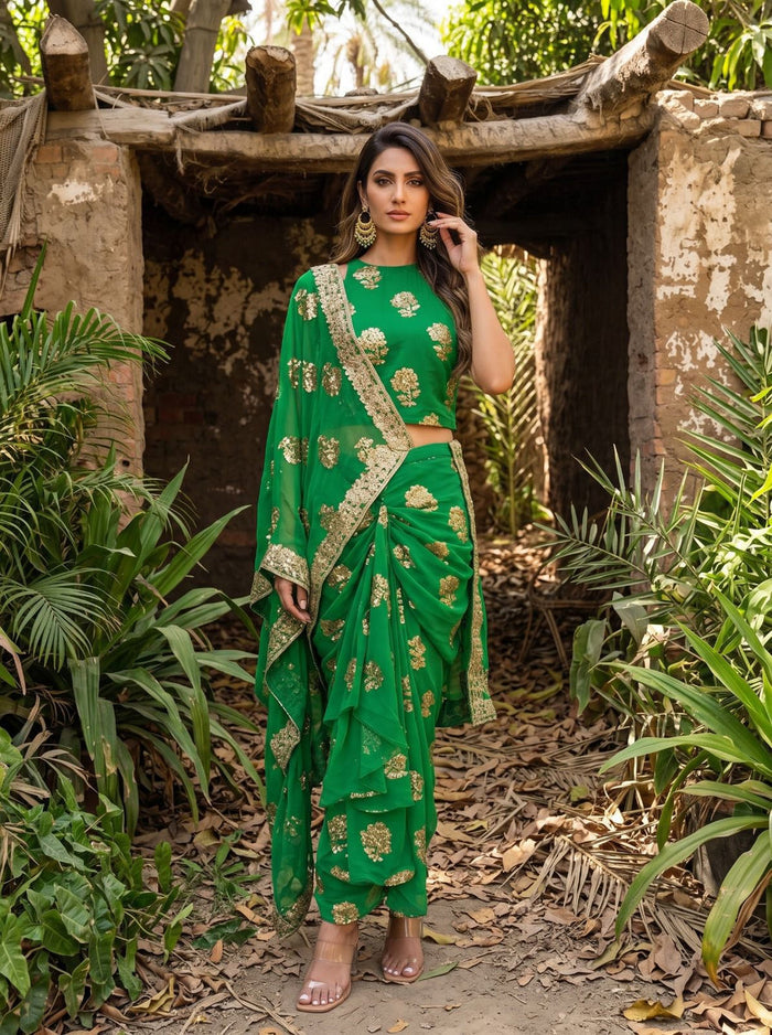 Green Pre-Draped Saree Skirt Set