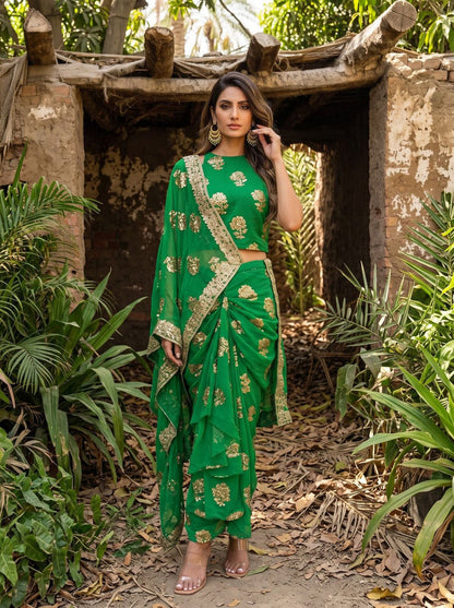 Green Pre-Draped Saree Skirt Set