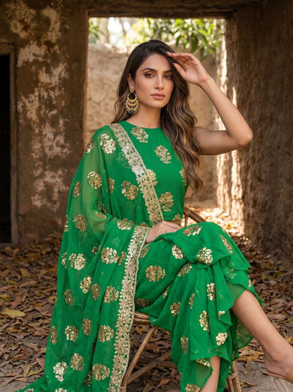 Green Pre-Draped Saree Skirt Set