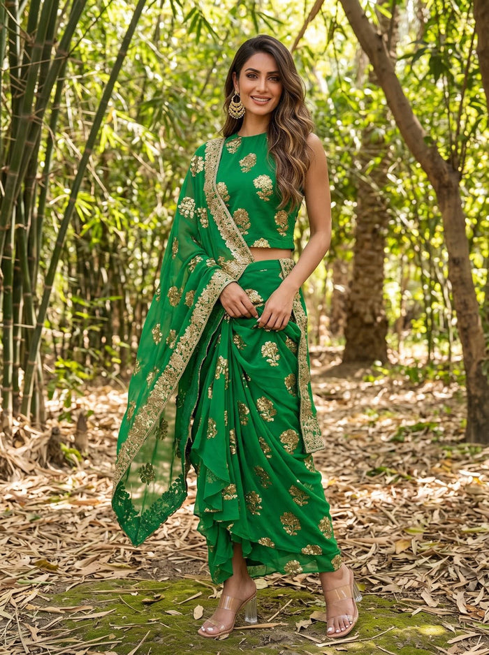 Green Pre-Draped Saree Skirt Set