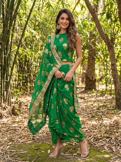 Green Pre-Draped Saree Skirt Set