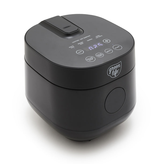 Black rice and grains cooker with ceramic nonstick pot and digital display on top, 4-cup capacity.