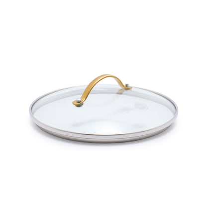 8-inch glass pot lid with gold handle, shown on a plain white background.