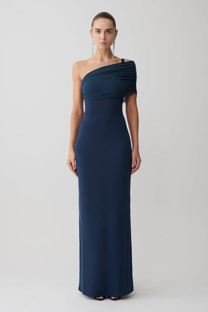 Hanh One Shoulder Mesh Maxi Dress - Ink Blue