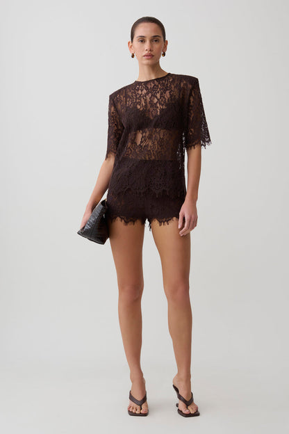 Harlyn Shoulder Pad Short Sleeve Lace Top - Dark Chocolate