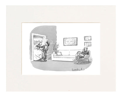 A couple who have just been married, walk through a door with confetti being thrown at them, into a therapist's office.