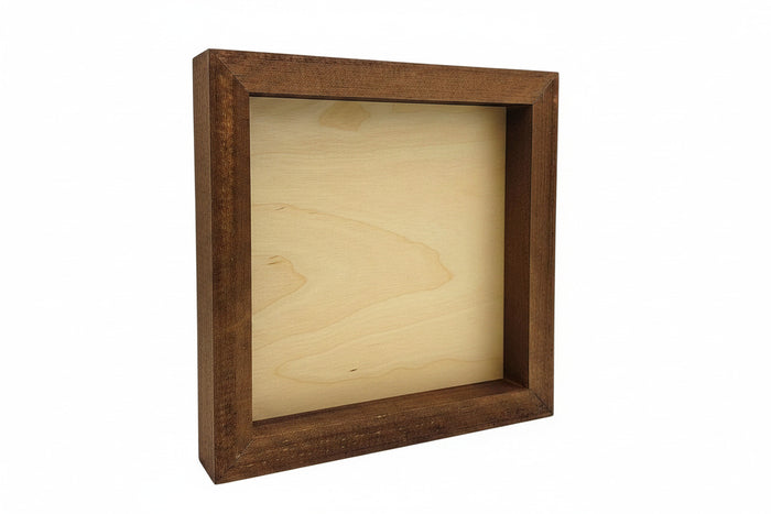 Back view of rustic dark brown solid wood box frame with natural wood interior, white background