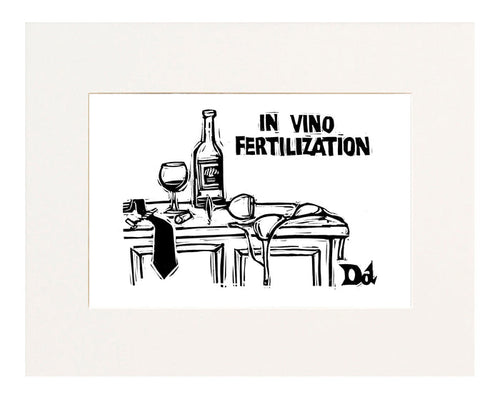 "In Vino Fertilization" (Empty wine bottle and scattered clothing.)