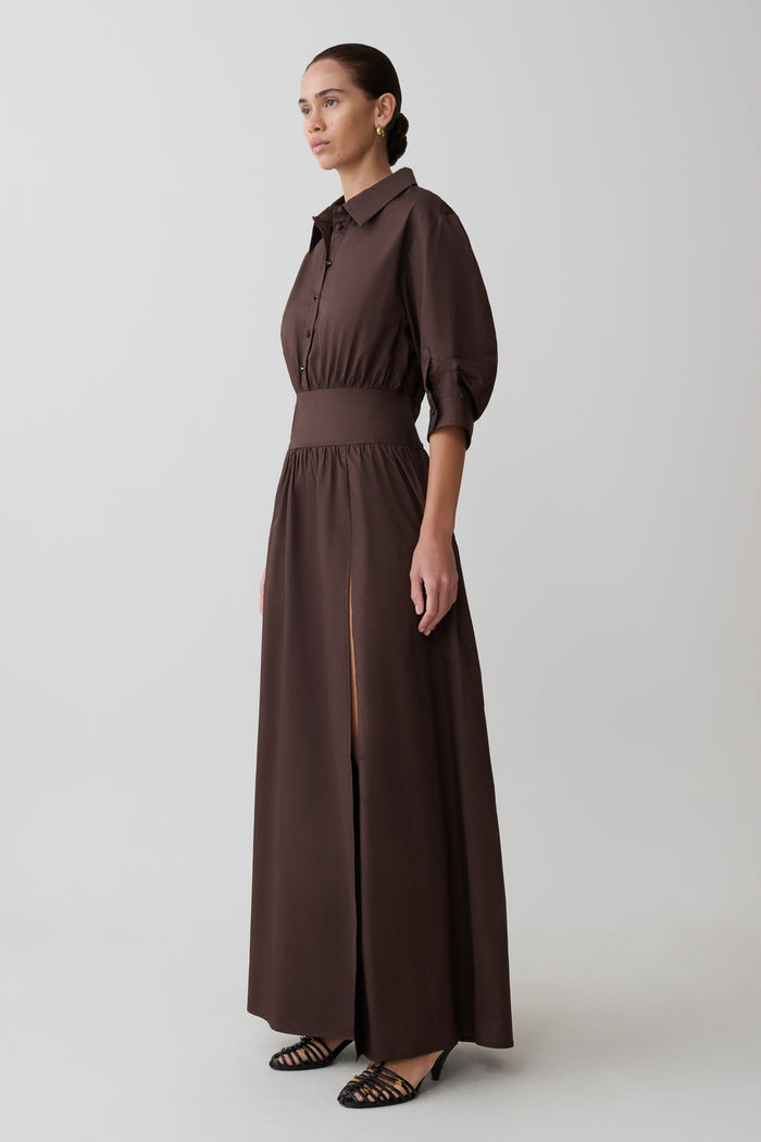 Isolde Long Sleeve Cotton Maxi Dress - Dark Chocolate