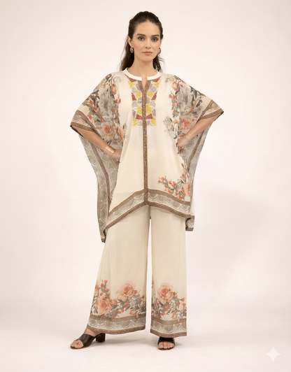 Ivory floral printed kaftan co-ord set with delicate patterns and flowy fit