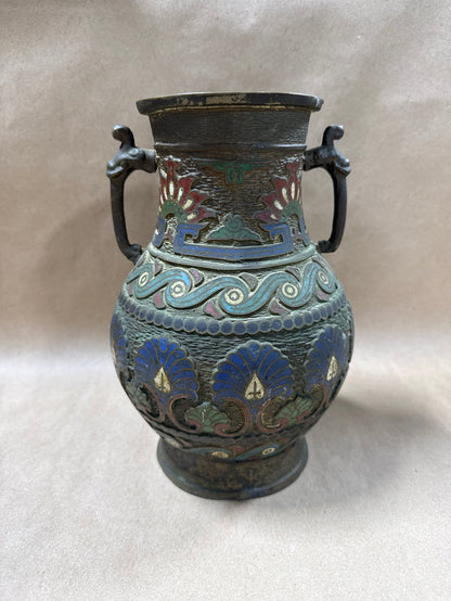 Japanese Meiji Bronze Champlevé Enamel Vase With Handles