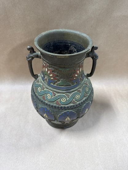 Japanese Meiji Bronze Champlevé Enamel Vase With Handles