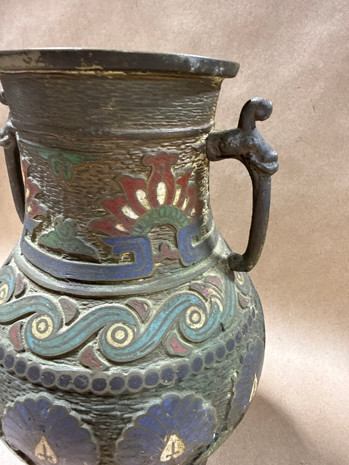 Japanese Meiji Bronze Champlevé Enamel Vase With Handles