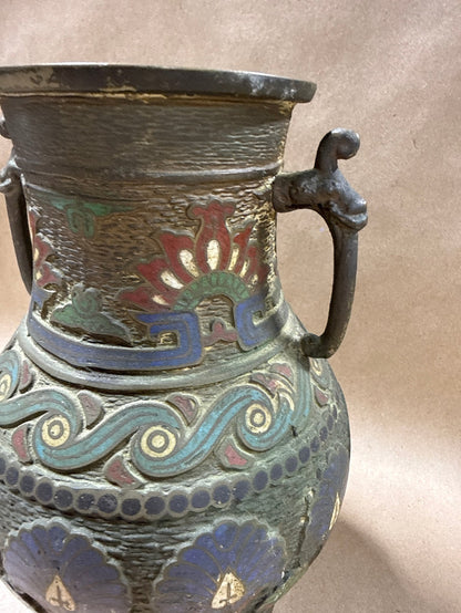 Japanese Meiji Bronze Champlevé Enamel Vase With Handles