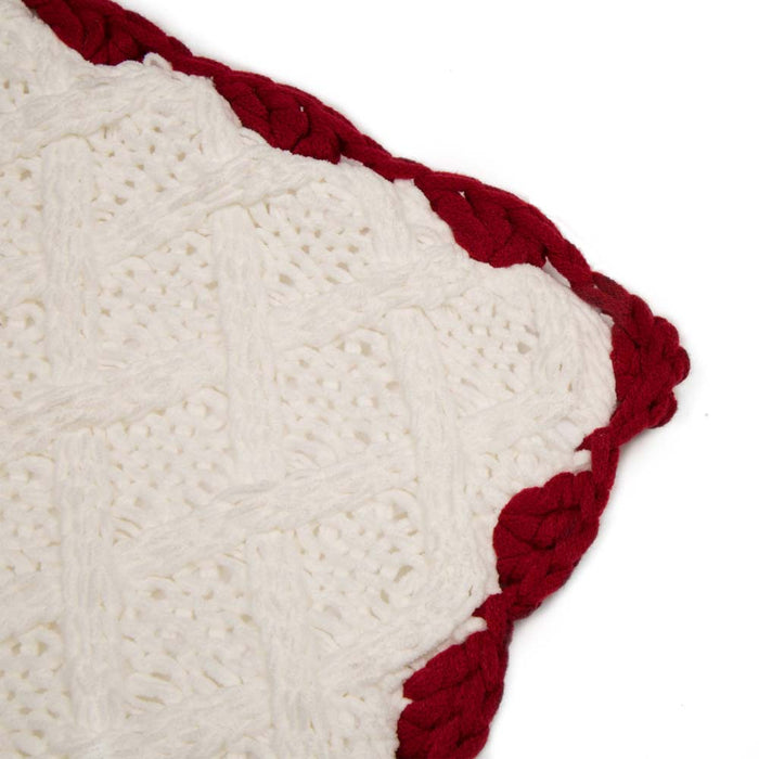 Knitted Polyester White Pillow Cover with Red Trim & Pompom